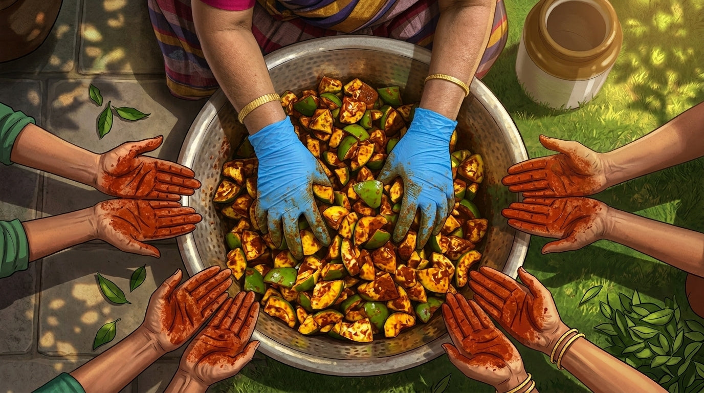 women making home made traditional sundried mango pickle