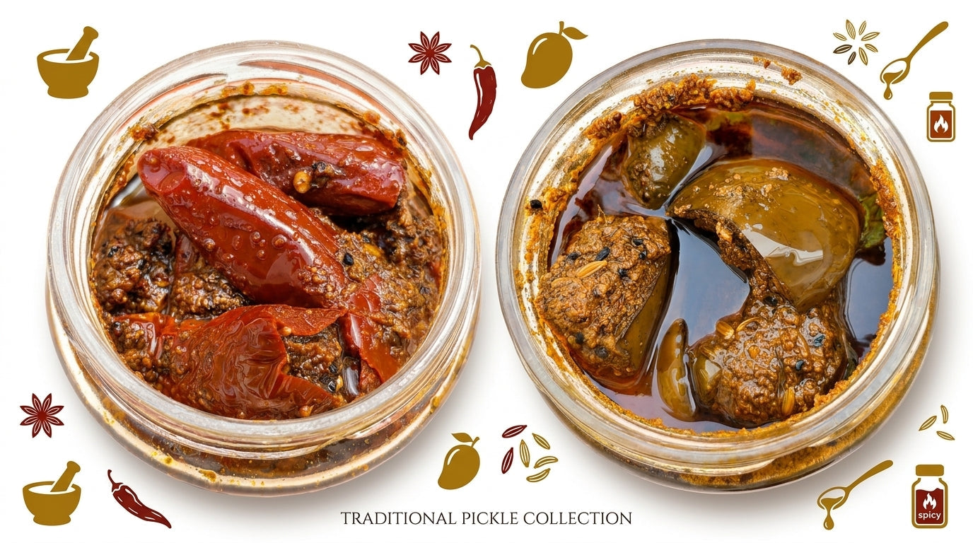 pictures of traditional home made sun-dried mango pickle and lal mirch bharua pickle in a jar with a few pickle related icons sprinkled around