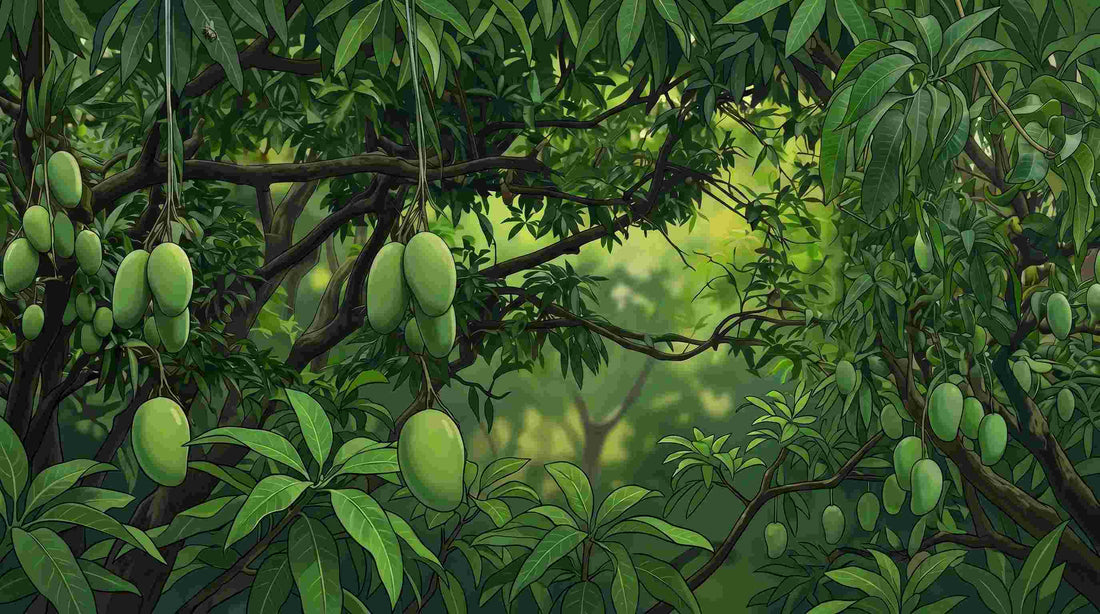 Animated image of mang trees with raw green mangoes hanging by the branches