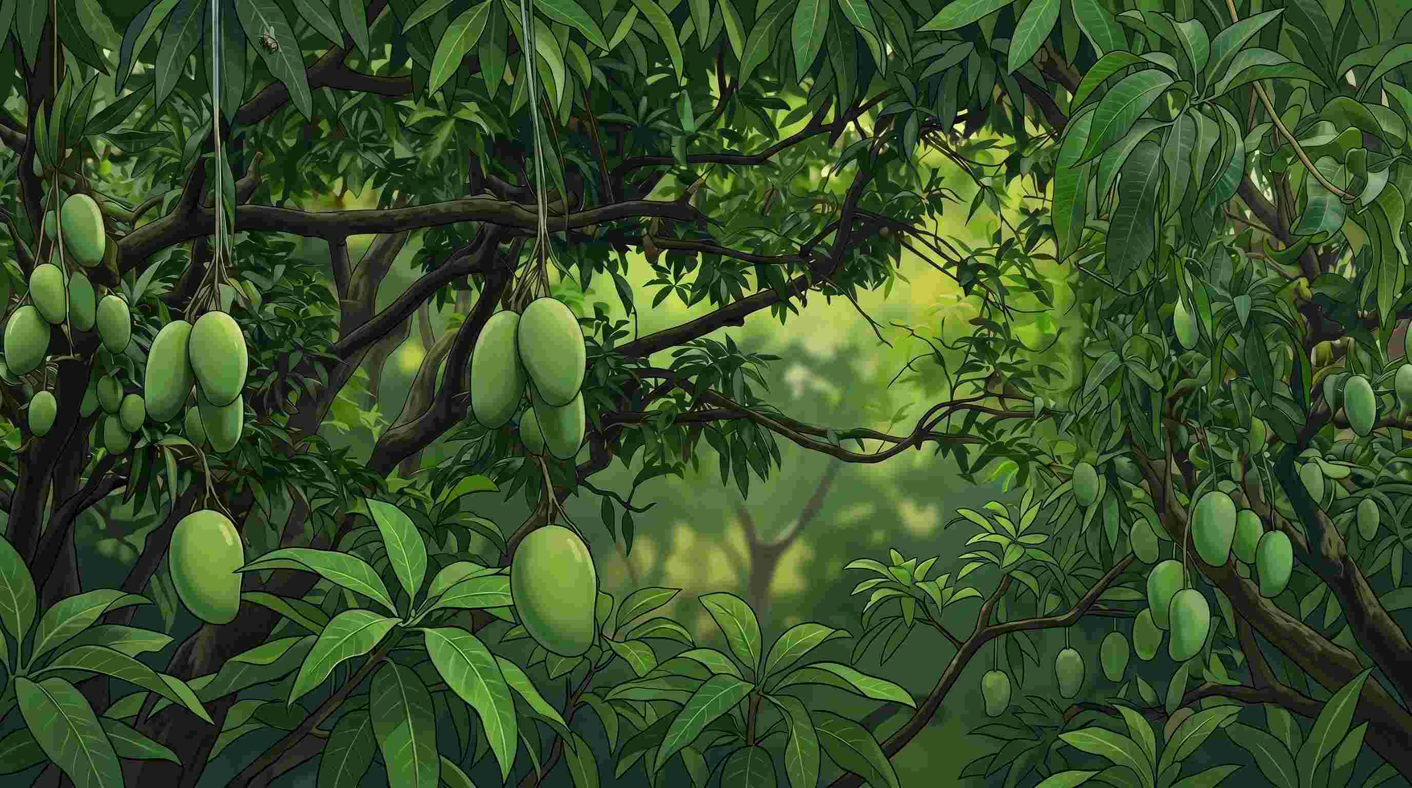 Animated image of mang trees with raw green mangoes hanging by the branches