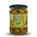 Jar of Amla pickle with 'Gramin Roots' label on a white background