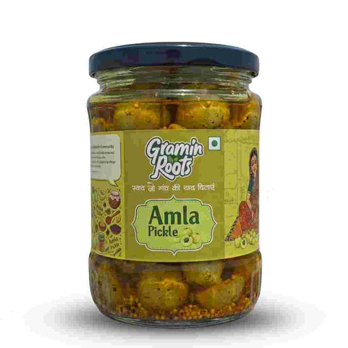 Jar of Amla Pickle with 'Gramin Roots' label on a white background