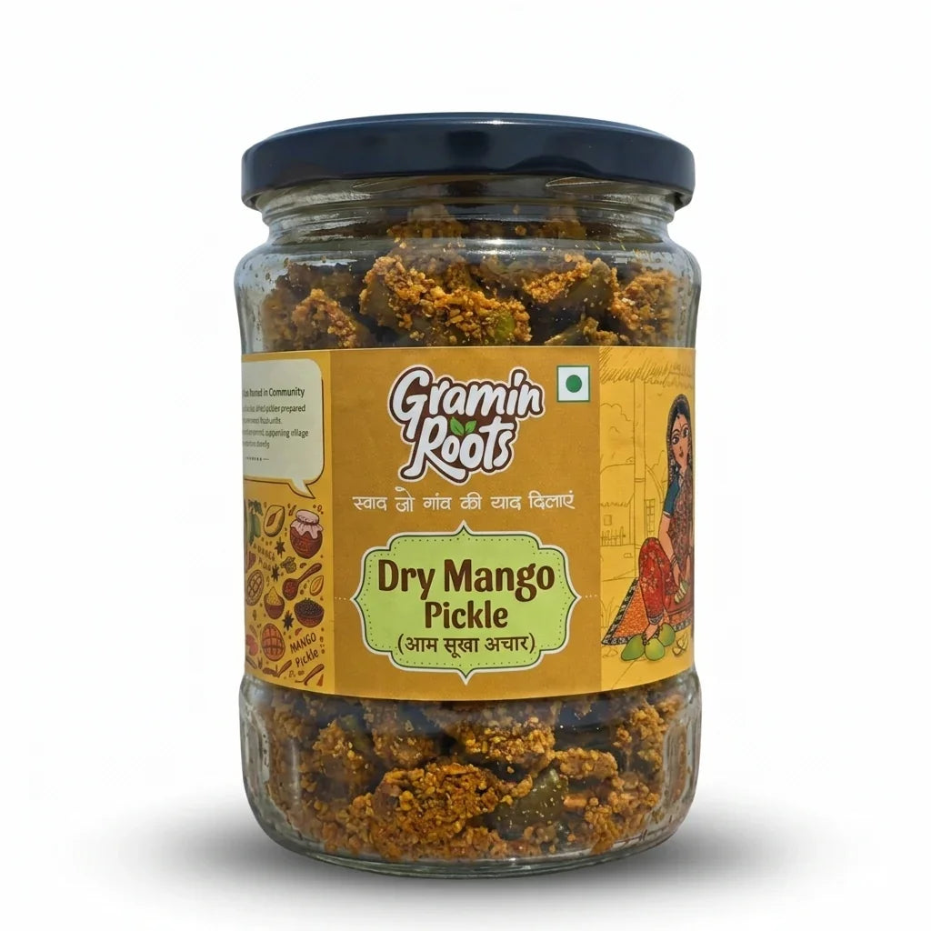 Jar of Dry Mango Pickle / Sookha Aam ka Achar with 'Gramin Roots' label on a white background