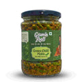 Jar of Green Chilli Pickle with 'Gramin Roots' label on a white background