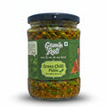 Jar of Green Chilli Pickle with 'Gramin Roots' label on a white background