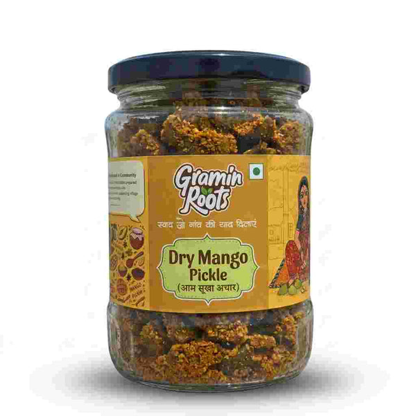 Jar of Dry Mango Pickle with 'Gramin Roots' label on a white background