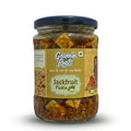 Jackfruit Pickle in glass jar with traditional label, handmade using pure mustard oil, no preservatives