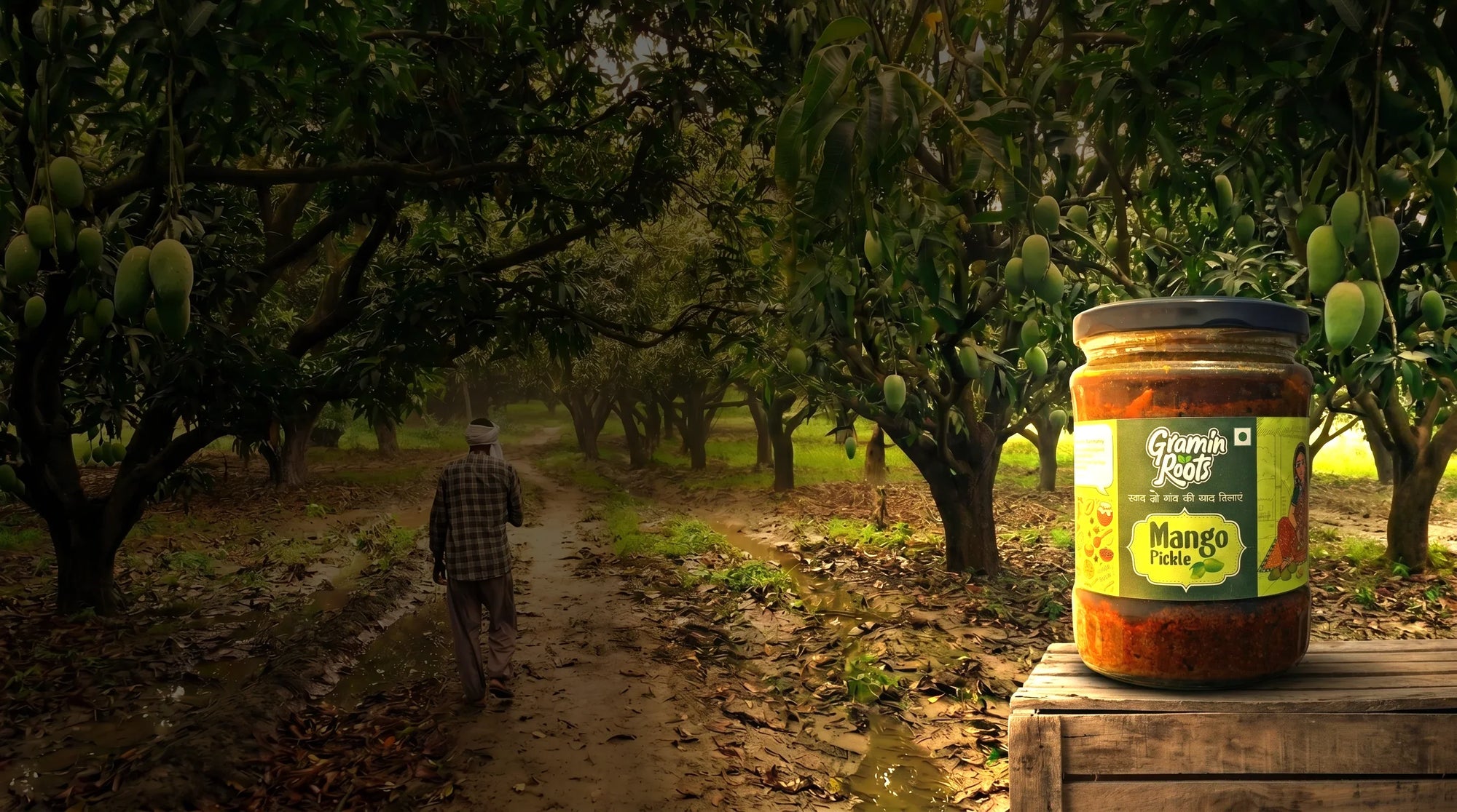 Mango pickle jar in lush orchard with farmer walking path, showcasing handmade, chemical-free traditional recipe.