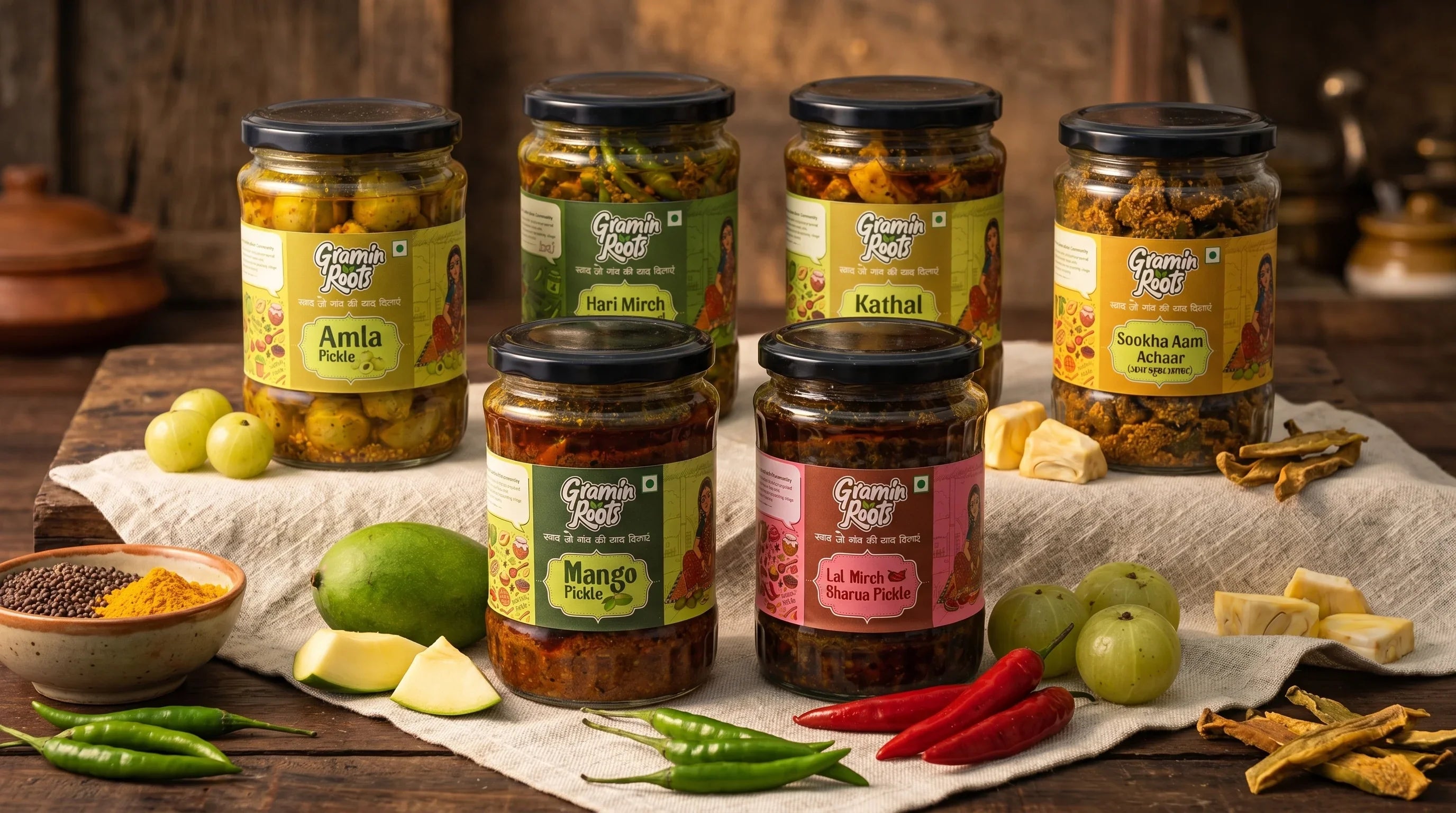 Assorted handmade pickles in glass jars with fresh ingredients like amla, mango, chilies, and spices on rustic wooden table