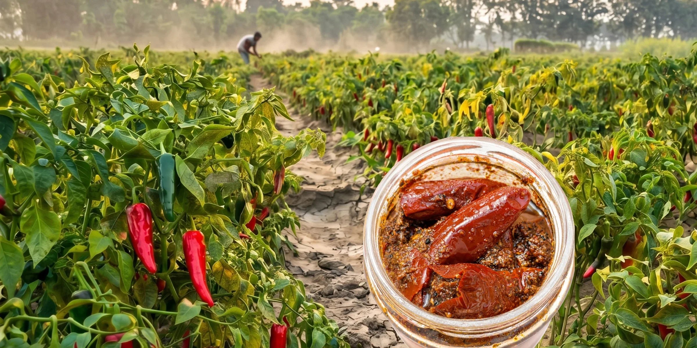 Handmade chili pickle in a jar with fresh red chilies in a farm field background